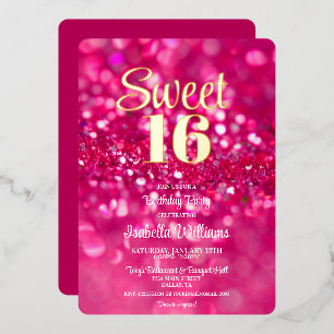 Hot Pink Glitter Glam Sweet 16 Birthday Invitation Foil Invitation