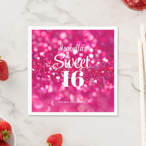 Hot Pink Glitter Glam Sweet 16 Birthday Napkins