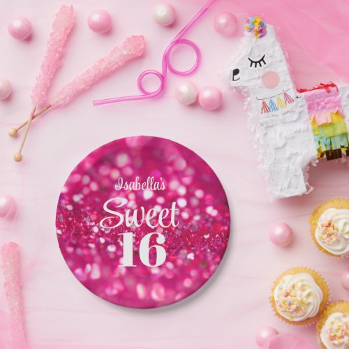 Hot Pink Glitter Glam Sweet 16 Birthday Paper Plates