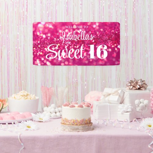Hot Pink Glitter Glam Sweet 16 Birthday Welcome Banner