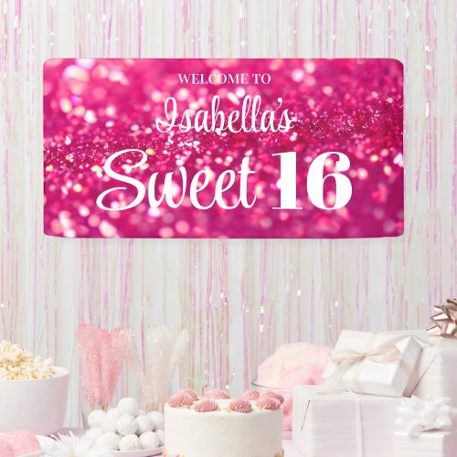 Hot Pink Glitter Glam Sweet 16 Birthday Welcome Banner