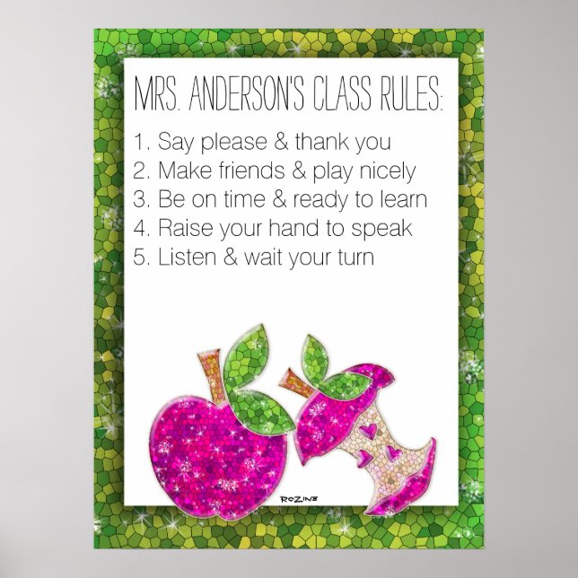 Hot Pink Glitter Green Teachers Apple Class Rules Poster (Front)