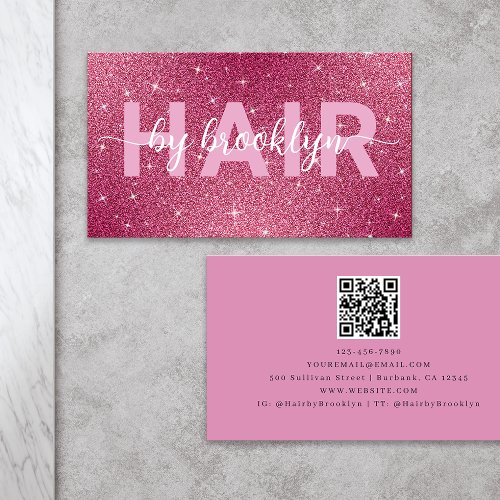 Hot Pink Glitter Hair By Stylist QR Code Business Card