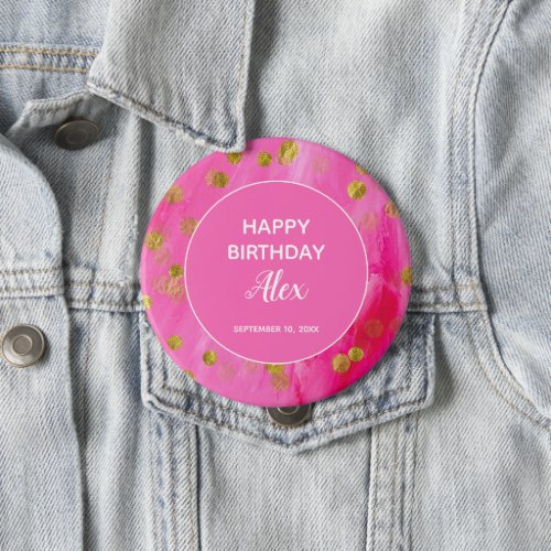 Hot Pink Glitter Happy Birthday Party   Button