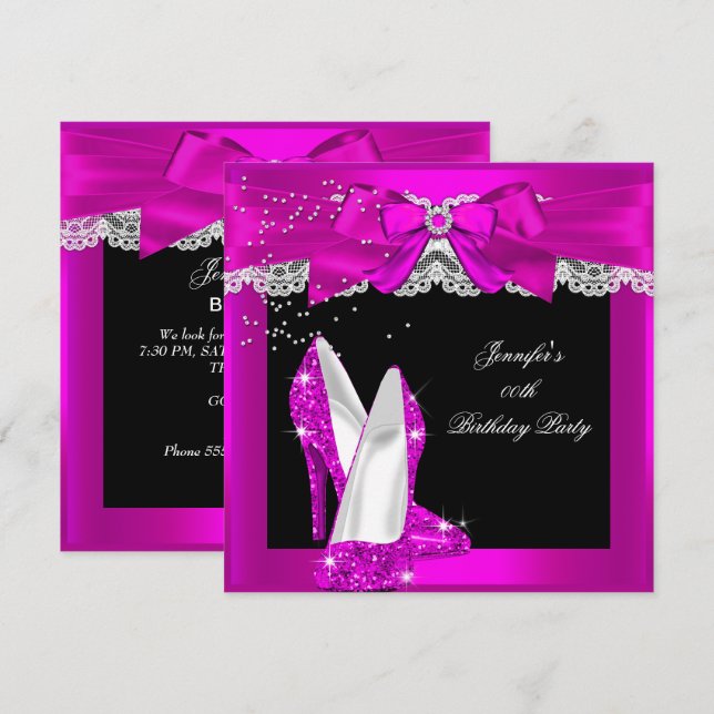 Hot Pink Glitter High Heel Shoe Birthday Party Invitation (Front/Back)