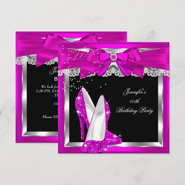 Hot Pink Glitter High Heel Silver Birthday Party Invitation (Front/Back)