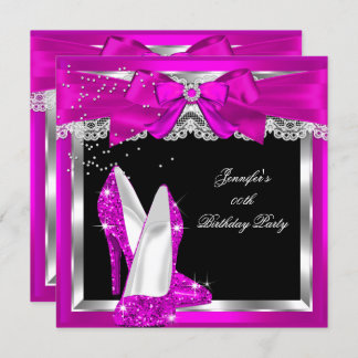 Hot Pink Glitter High Heel Silver Birthday Party Invitation