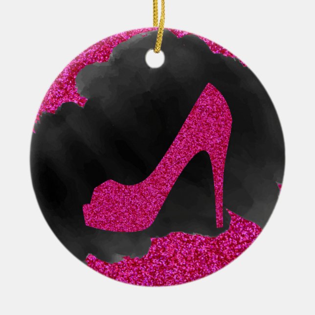 Hot Pink Glitter High Heels Black Ink Ceramic Ornament (Front)