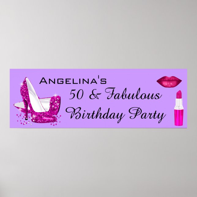 Hot Pink Glitter High Heels Purple Birthday Banner Poster (Front)