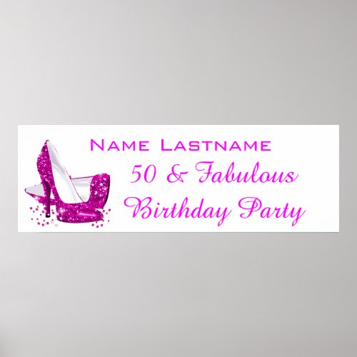 Hot Pink Glitter High Heels White Birthday Banner Poster