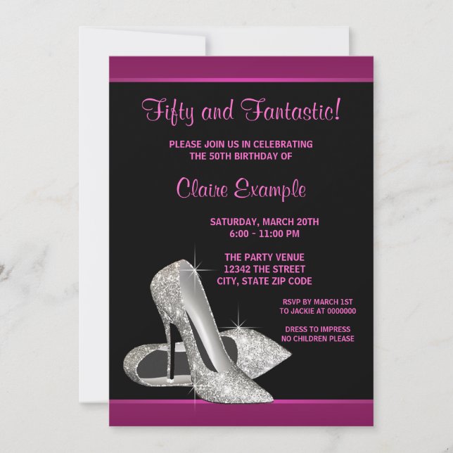 Hot Pink Glitter High Heels Womans 50th Birthday Invitation (Front)