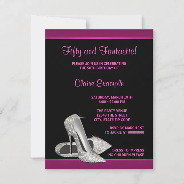 Hot Pink Glitter High Heels Womans 50th Birthday Invitation | Zazzle