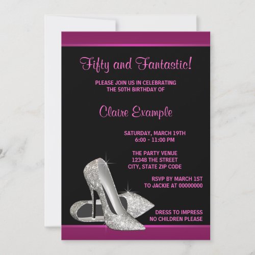 Hot Pink Glitter High Heels Womans 50th Birthday Invitation