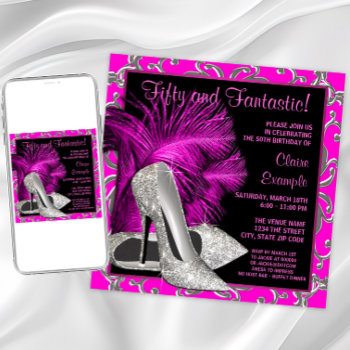 Hot Pink Glitter High Heels Womans 50th Birthday Invitation by Pure_Elegance at Zazzle