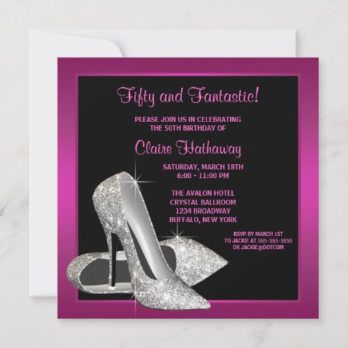 Hot Pink Glitter High Heels Womans 50th Birthday Personalized Announcement