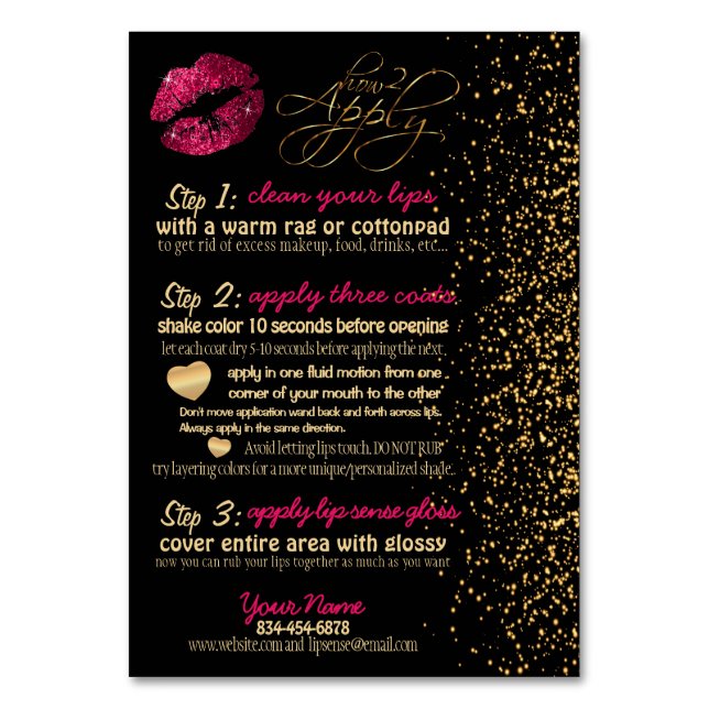 Hot Pink Glitter Lip Color Instructions Table Number (Front)