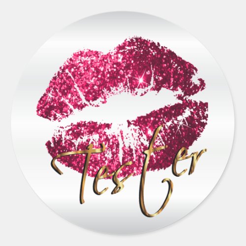 Hot Pink Glitter Lips 3 _ Tester _ Satin Classic Round Sticker