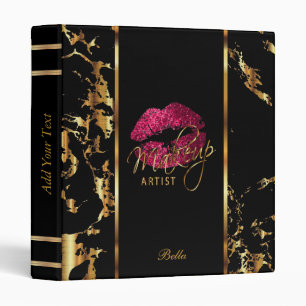 Hot Pink Glitter Lips and Gold Marble 3 Ring Binder