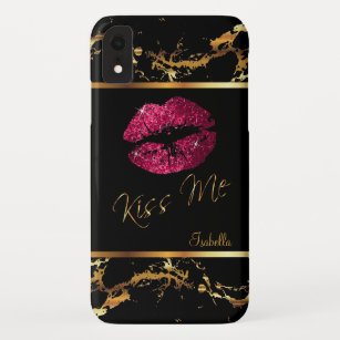 Hot Pink Glitter Lips and Gold Marble Pattern iPhone XR Case