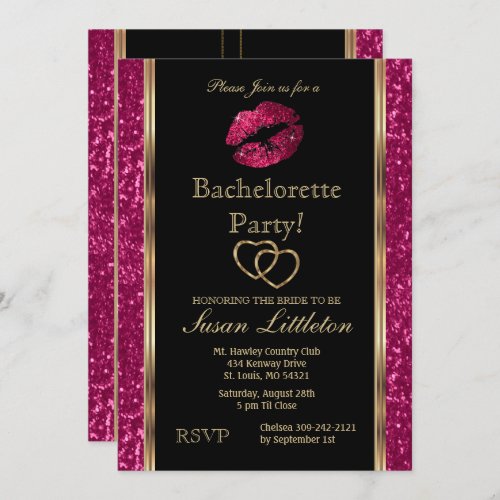 Hot Pink Glitter Lips Bachelorette Party Invitation