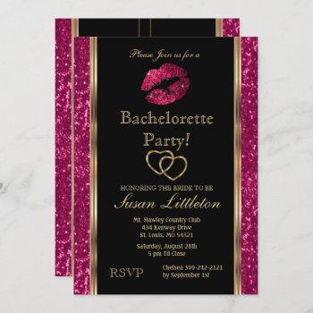 Hot Pink Glitter Lips Bachelorette Party Invitation by DesignsbyDonnaSiggy at Zazzle