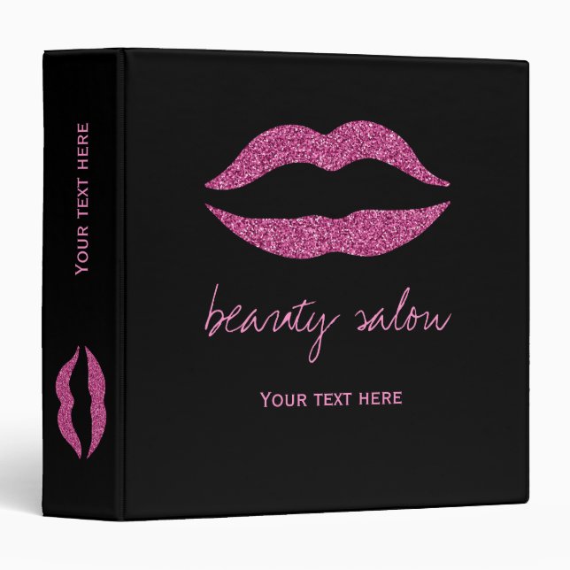 Hot pink glitter lips black beauty glam salon binder (Front/Spine)