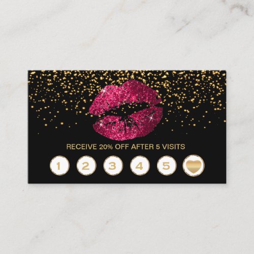 Hot Pink Glitter Lips Loyalty Cards on Black