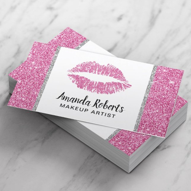 Hot Pink Glitter Lips Makeup Artist Beauty Salon Business Card (Creator Uploaded)