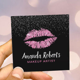 Hot Pink Glitter Lips Modern Makeup Artist Square Business Card