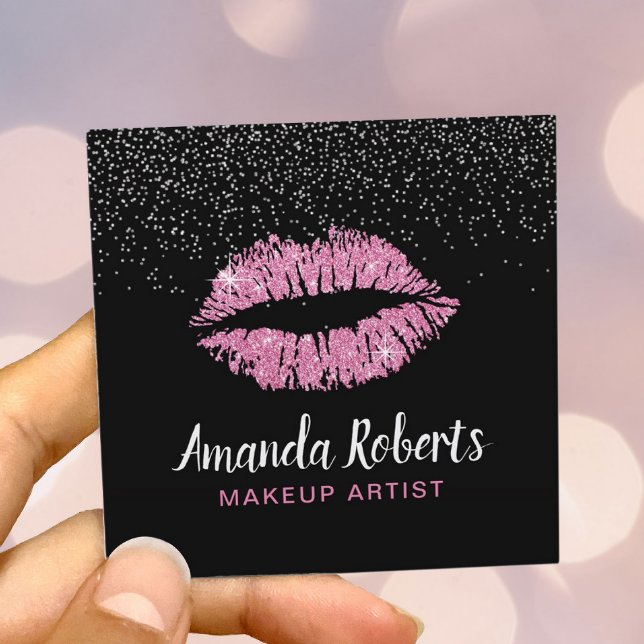 Hot Pink Glitter Lips Modern Makeup Artist Square Business Card