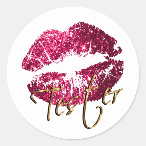 Hot Pink Glitter Lips on White _ Tester Classic Round Sticker