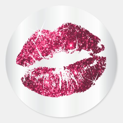 Hot Pink Glitter Lips _ White Satin Classic Round Sticker