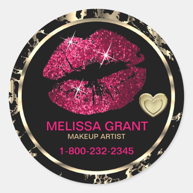 Hot Pink Glitter Lipstick - Marble Classic Round Sticker (Front)