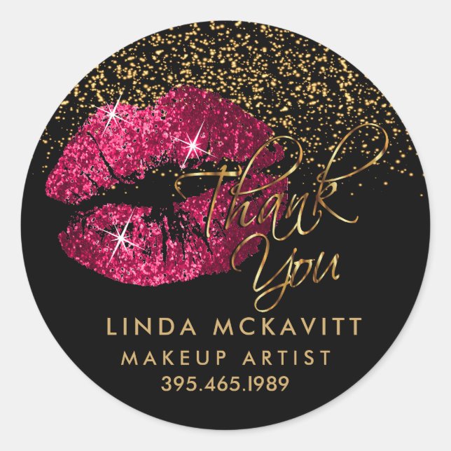 Hot Pink Glitter Lipstick 💋 Thank You Classic Round Sticker (Front)