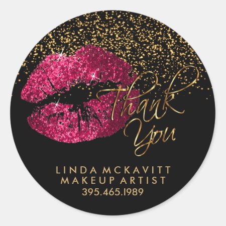Hot Pink Glitter Lipstick 💋 Thank You Classic Round Sticker