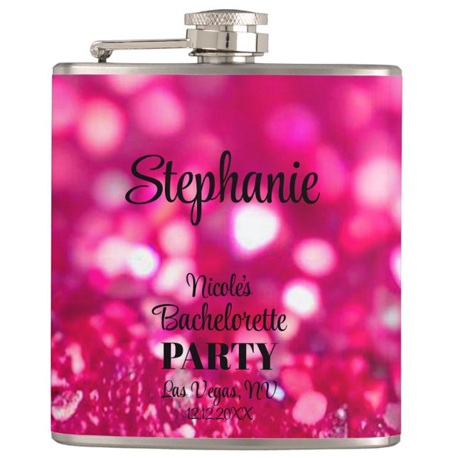 Hot Pink Glitter Modern Glam Bachelorette Party Flask (Personalized Hot Pink Glitter Bachelorette Flask, Bachelorette Weekend Party Favor, Bridesmaid Gifts)