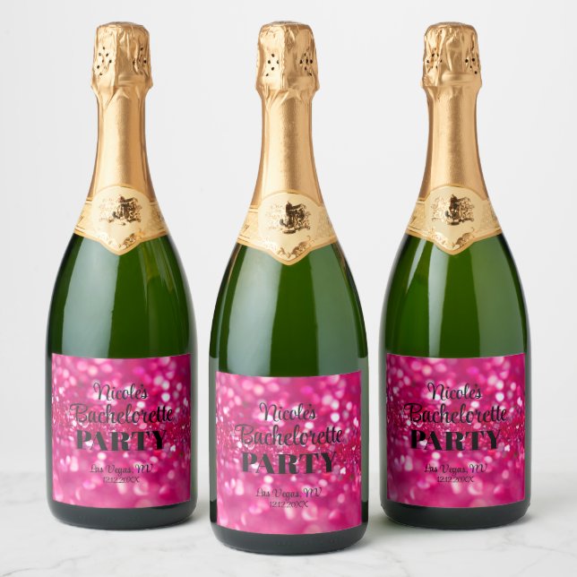 Hot Pink Glitter Modern Glam Bachelorette Party Sparkling Wine Label (Bottles)