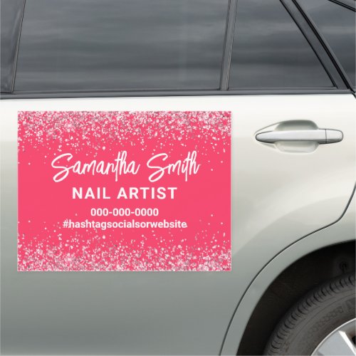Hot Pink Glitter Nail Artist Salon Business Car Magnet