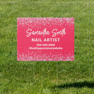 Hot Pink Glitter Nail Artist Salon Business Yard Sign