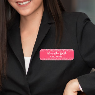 Hot Pink Glitter Nail Artist Salon Name Tag