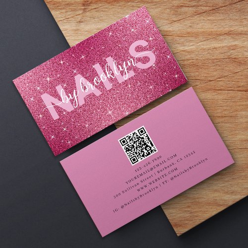 Hot Pink Glitter Nails By Tech Name QR Code Business Card