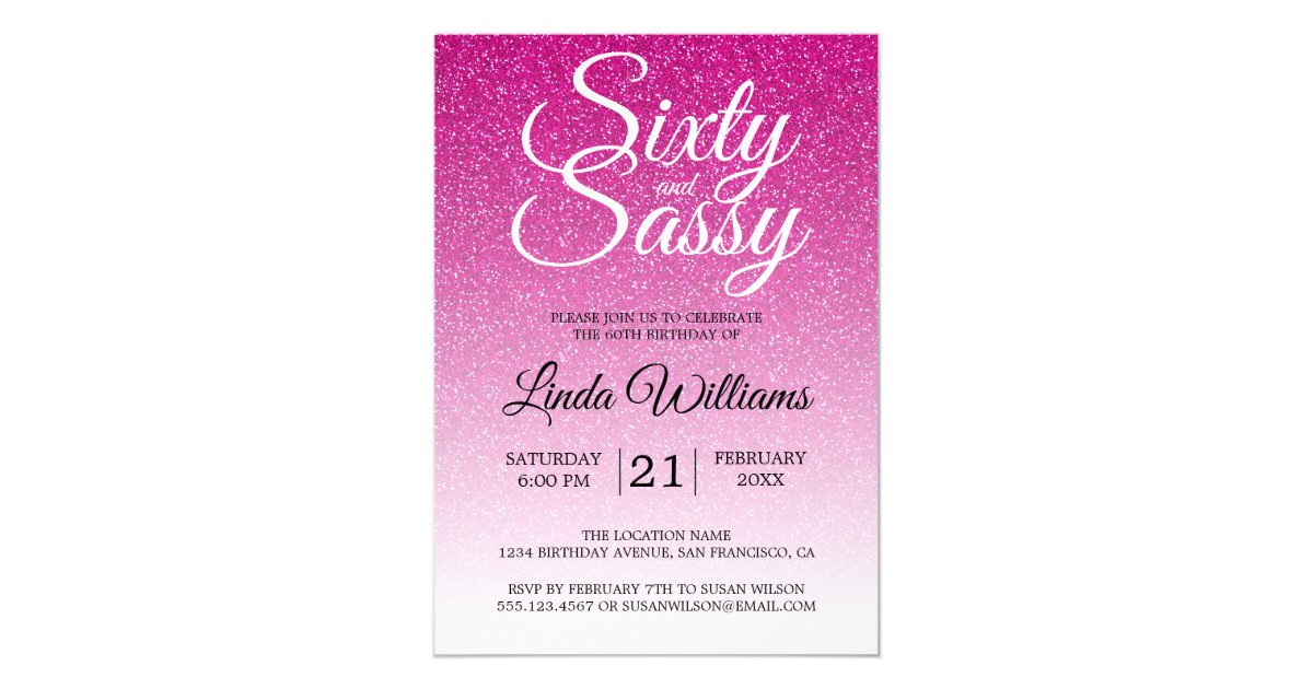 Hot Pink Glitter Ombre 60 And Sassy 60th Birthday Invitation