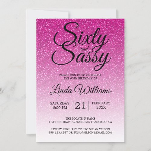 Hot Pink Glitter Ombre 60 and Sassy 60th Birthday Invitation