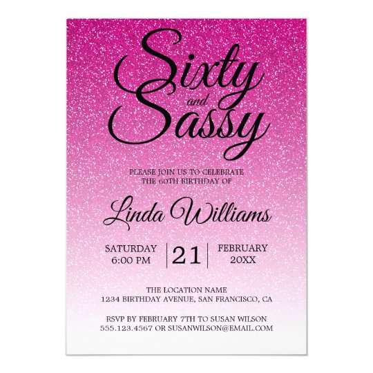 Hot Pink Glitter Ombre 60 and Sassy 60th Birthday Invitation | Zazzle.com