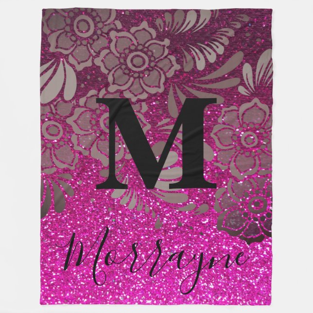 Hot Pink Glitter Ombre Boho Chic Floral Monogram Fleece Blanket (Front)