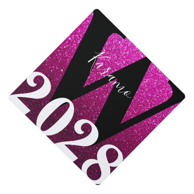 Hot Pink Glitter Ombre Monogram Name Graduation Graduation Cap Topper (Front)
