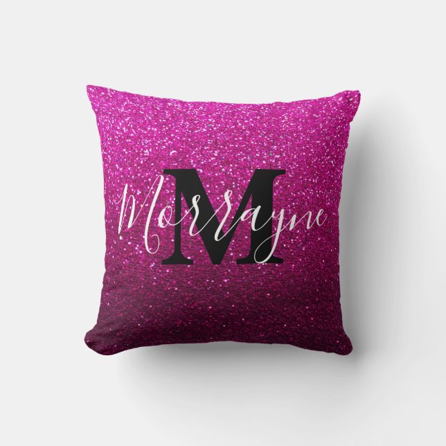 Hot Pink Glitter Ombre Sparkle Metallic Monogram Throw Pillow (Front)