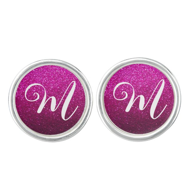 Hot Pink Glitter Ombre Sparkles Glam Monogrammed Cufflinks (Front)