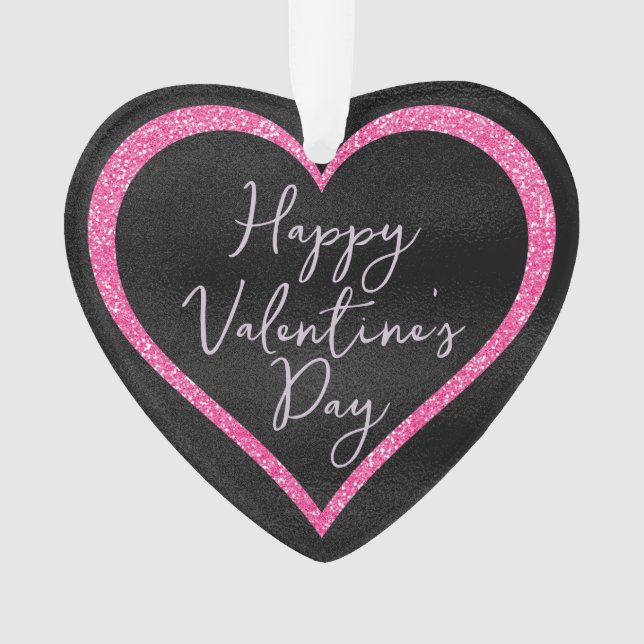 Hot Pink Glitter on Black Romantic Valentine's Day Ornament (Front)