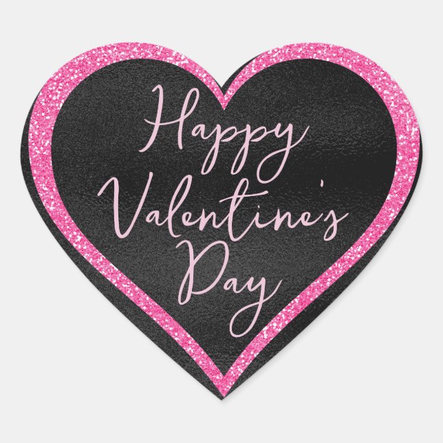 Hot Pink Glitter on Black Valentine's Day Heart Sticker (Front)